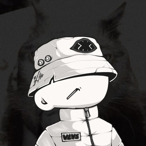 A black and white illustration of a character with a blank head wearing a bucket hat with a small face on it, set against a cat's face in the background.