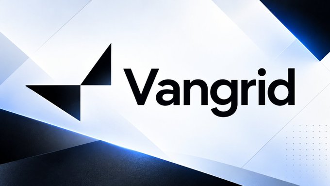 Vangrid logo displayed in black text with a geometric icon on a blue and white abstract background.