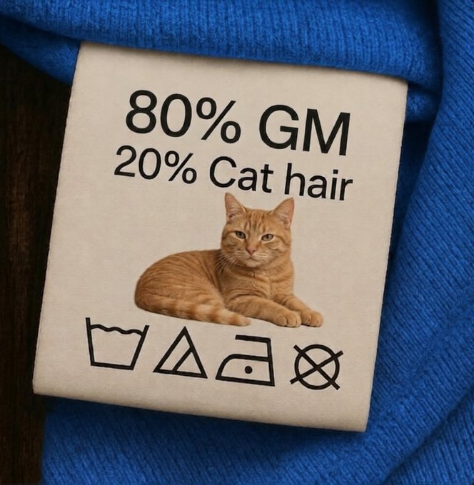 The image features a cat sitting on top of a blue fabric, with its head resting on its paws. Below the cat's picture, there is text that reads "80% GM 20% Cat Hair". The text appears to be written in black marker or ink and is positioned above the cat's photo.
