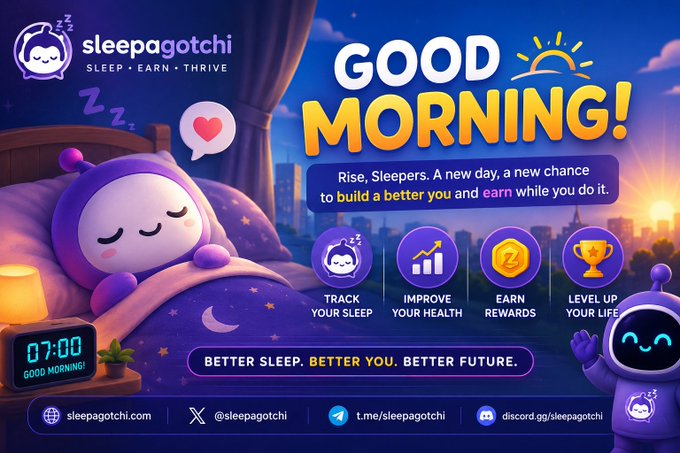 A promotional banner for 'sleepagotchi' with the tagline 'GOOD MORNING!' showing a cute purple sleeping character, featuring benefits like track sleep, improve health, earn rewards, and level up your life.