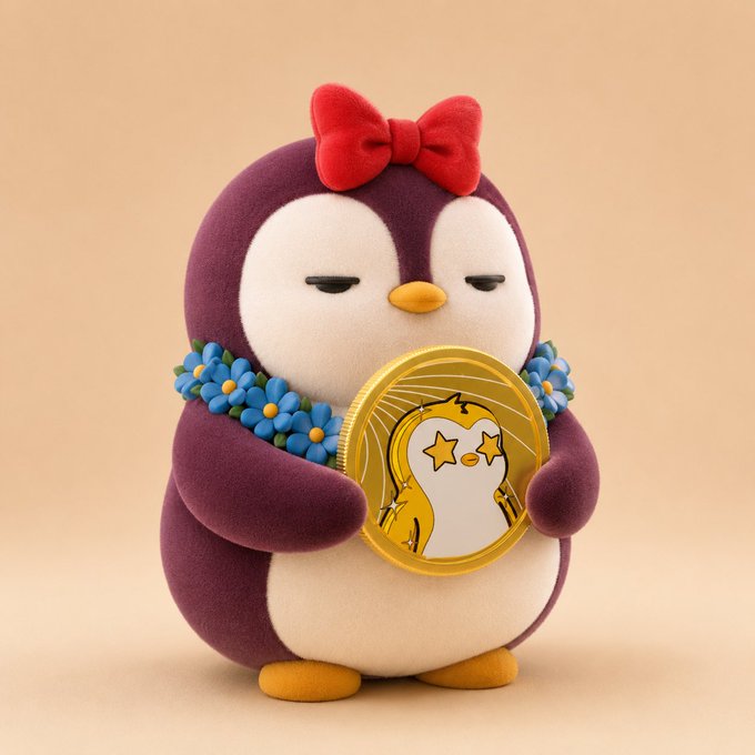 The image features a cute little penguin figurine holding a gold coin with a star design on top of its head. The penguin has a bow around its neck and appears to be wearing a flowery garland, giving it an adorable appearance. The text in the image reads "I finally received the MVP Soulbound token and I'm beyond excited! I’m so grateful to be part of this community and to contribute in my own ways, from talking about Pudgy Penguins and its community in CatLumpurr, to writing my master's thesis about the brand". The penguin figurine is positioned on a brown background.