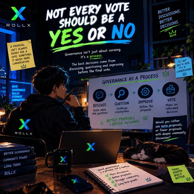 A promotional graphic for 'ROLLX' arguing 'NOT EVERY VOTE SHOULD BE A YES OR NO,' depicting a person at a laptop with sticky notes explaining that good governance involves discussing, questioning, improving, and voting as a process.