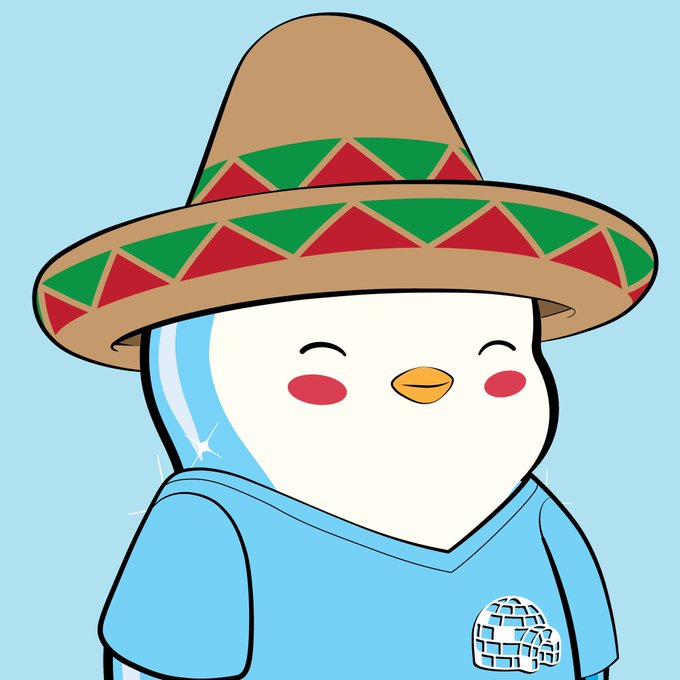 A cute cartoon penguin character wearing a large sombrero and a light blue t-shirt featuring an igloo logo, set against a light blue background.