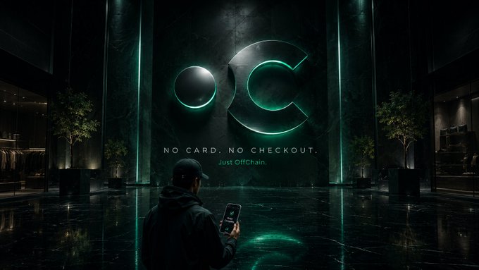 A person in a dark hoodie holds a smartphone, facing a large illuminated sign displaying the 'OC' logo with the tagline 'NO CARD. NO CHECKOUT. Just OffChain.'