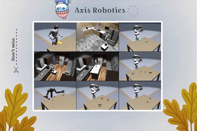 A promotional graphic titled 'Axis Robotics' showing a 3x3 grid of images depicting a humanoid robot performing various tasks like cleaning and object manipulation in kitchen and home environments, with decorative leaf elements on a beige background.