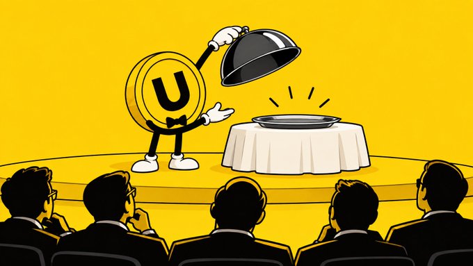 A cartoon "U" coin character dressed as a waiter in a bow tie dramatically lifts a cloche to reveal an empty plate, as a row of suited investors watches from the audience against a bright yellow background. The empty plate cleverly visualizes the post's phrase "We're cooking nothing," symbolizing the absence of substance, value, or results behind the hype.