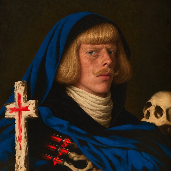 A baroque-style portrait of a person with a blonde bowl haircut, curled mustache, and freckles, wearing a blue hooded robe while holding a weathered white cross with a red symbol and a skull in the background.