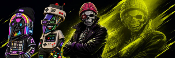 A dark, edgy digital artwork featuring three stylized characters including a robot with a 'WIF' controller head, a figure with red skull face paint in a beanie and leather jacket, and a green-tinted skull character.