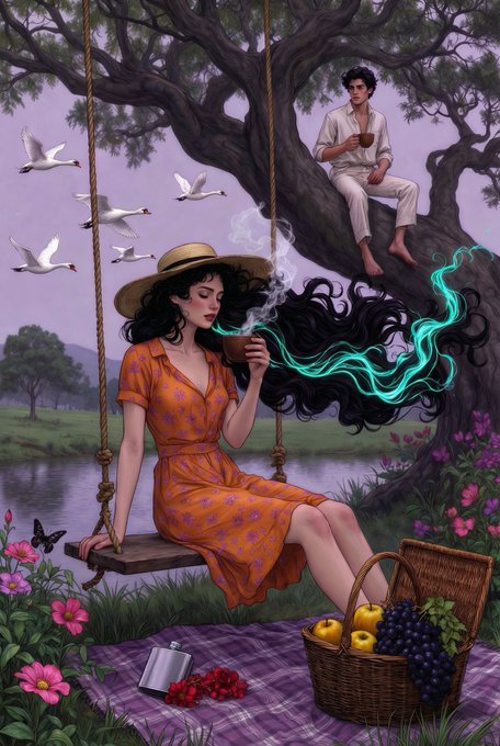 An illustrated scene of a dark-haired woman in an orange dress and straw hat sitting on a swing by a lake, holding a cup with green smoke/magic emanating from her hair, while a man sits in a tree above her, with a picnic basket of fruits and butterflies nearby.