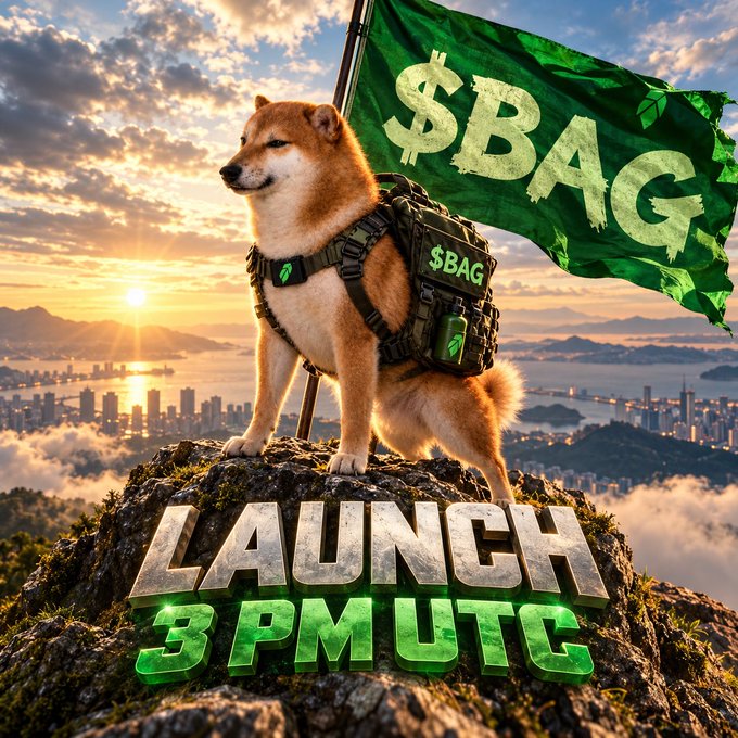 A triumphant Shiba Inu wearing a "$BAG" tactical vest plants a green "$BAG" flag atop a mountain overlooking a sunrise cityscape, with bold text reading "LAUNCH 3 PM UTC" — visually rallying supporters ahead of the token's launch day.