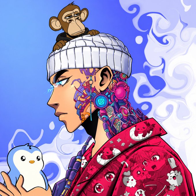 A stylized anime-style illustration of a man with colorful cybernetic neck implants, a small monkey perched on his knit cap, and a penguin-like creature beside him.