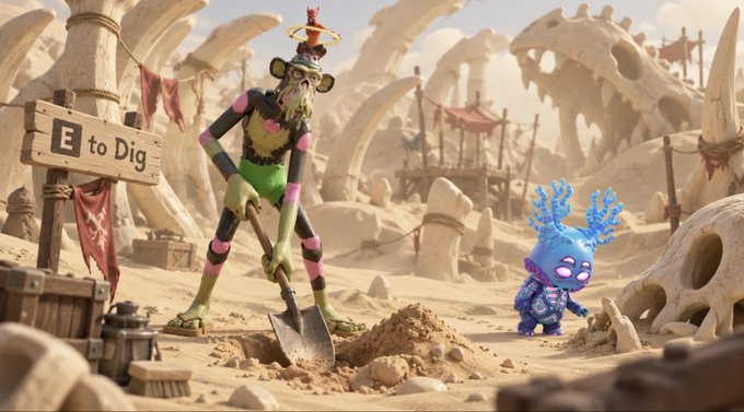 A 3D-rendered scene shows a tall, green, striped character digging with a shovel near a sign reading 'E to Dig', accompanied by a small blue coral-like creature in a desert landscape filled with giant bones.