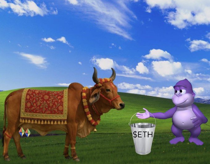 A purple gorilla offers a bucket labeled "$ETH" to a decorated cow in a green field, symbolizing crypto rewards, tying into the post's message about rethinking financial incentives through Ethervista's community-first model.