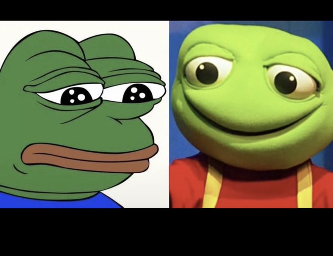 A side-by-side comparison meme featuring two versions of Pepe the Frog: a sad cartoon Pepe on the left and a smiling 3D-rendered Pepe on the right.