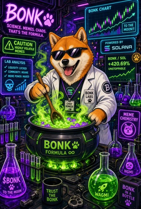 Digital artwork of a Shiba Inu dog in a lab coat mixing green liquid in a cauldron, surrounded by crypto meme imagery including 'BONK', 'TO THE MOON!!', 'POWERED BY SOLANA', and 'BONK/SOL +420.69% UNSTOPPABLE'.
