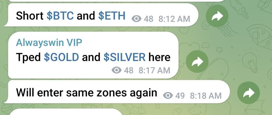 A close-up of a Telegram messaging app shows a user named "Alwayswin VIP" sharing short trading calls in quick succession: "Short $BTC and $ETH" at 8:12 AM, followed by "Tped $GOLD and $SILVER here" at 8:17 AM, and "Will enter same zones again" at 8:18 AM, all marked with eye-icon view counts of 48-49, aligning with the post's reference to a VIP short call on $BTC and $ETH.