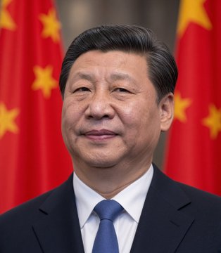 Xi Jinping, President of China, is pictured in a formal portrait wearing a dark suit and blue tie, standing before Chinese flags, which contextualizes the news about Beijing's announcement on mortgage subsidies and bank rate cuts.