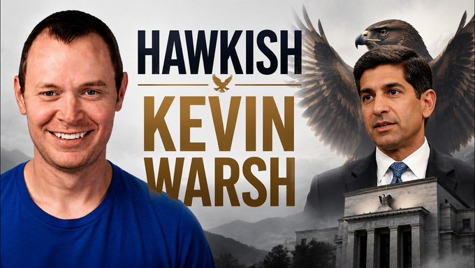 A YouTube thumbnail featuring a man in a blue shirt next to the text 'HAWKISH KEVIN WARSH' alongside an image of another man in a suit with an eagle behind him and a government building below.
