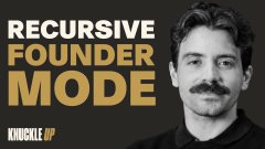 A black and gold graphic features a photo of a smiling man with a mustache on the right, with the text "RECURSIVE FOUNDER MODE" in large white and gold letters, and the "KNUCKLE UP" logo in the bottom left corner, serving as promotional artwork for a podcast appearance by Guillermo Rauch.