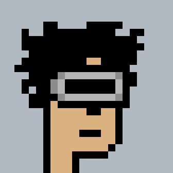 A low-resolution pixel art image showing a character with black hair and a gray rectangular face/visor over an orange body on a light blue background.