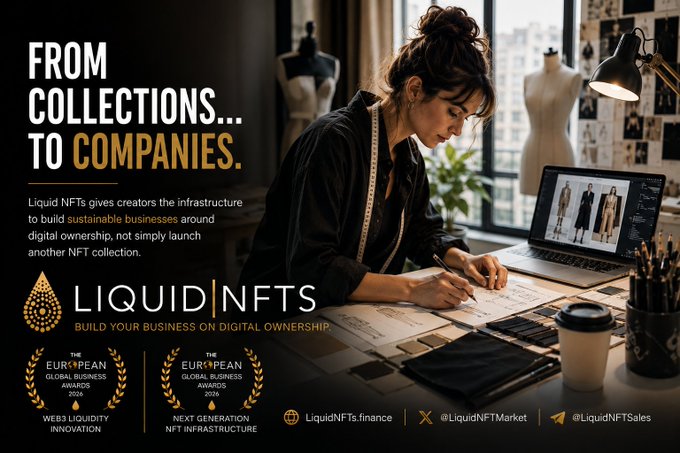 A fashion designer sketches designs while viewing clothing illustrations on a laptop, with the promotional text "FROM COLLECTIONS... TO COMPANIES" and "LIQUID|NFTS - BUILD YOUR BUSINESS ON DIGITAL OWNERSHIP" highlighting Liquid NFTs as a platform for building sustainable businesses around digital ownership beyond just NFT art collections.
