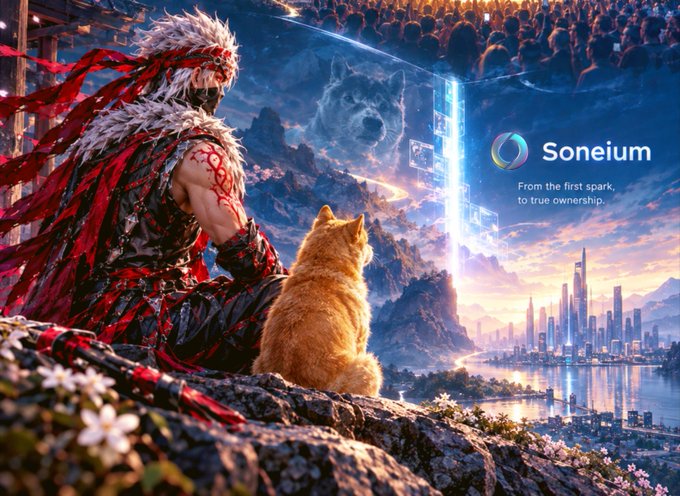 A fantasy digital illustration shows a warrior with white hair and red accents sitting on a cliff with an orange cat, overlooking a futuristic city with the text 'Soneium - From the first spark, to true ownership.'