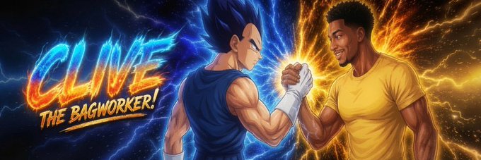 A digital artwork titled 'CLIVE THE BAGWORKER!' showing an anime-style character with blue hair arm wrestling a real-looking Black man in a yellow shirt, set against a fiery orange and blue background.