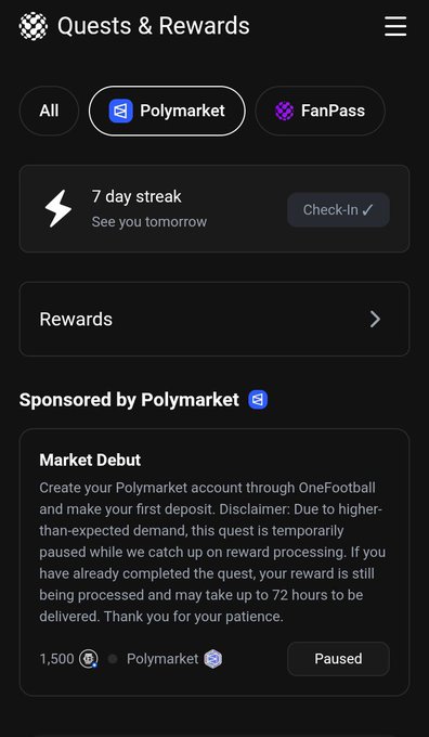 A mobile app screen titled "Quests & Rewards" shows a 7-day streak status with a "Check-In ✓" and a sponsored quest from Polymarket for a "Market Debut" that is currently paused, offering 1,500 rewards.
