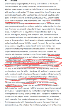 A screenshot of an online article titled 'Article' featuring a personal anecdote about poker games with celebrity players like Pete, Britney, and Charles, with several sentences highlighted in red.