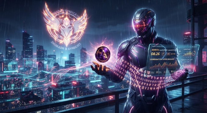 A futuristic armored figure with a glowing purple visor stands on a rainy rooftop overlooking a neon-lit cyberpunk city, holding a glowing orb beneath a "SHADOW SYNDICATE" emblem, with a holographic display reading "AMRITA Launching 08:26" and "COORDINATION LAYER ENGAGED".
