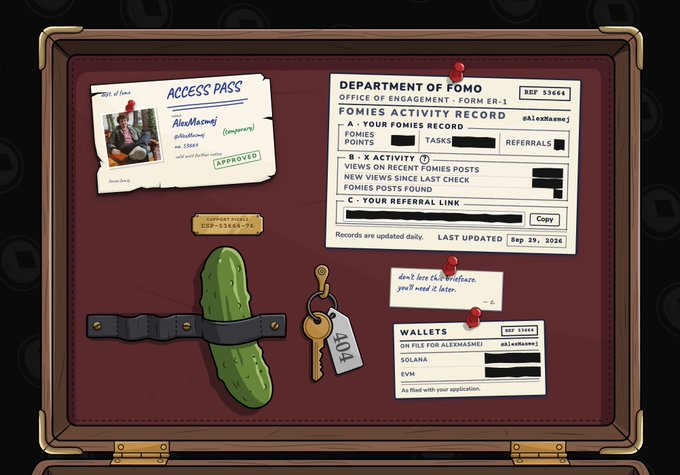The image displays an open briefcase containing an "Access Pass" approved for "AlexMaxine," a "Department of Fomo - Office of Engagement" form showing FOMIES Activity Record (REF 53464), a large pickle strapped to a leather belt, a key labeled "404," a "temporary pager" (SSP-53464-74), and a "Wallets" card—all matching the post's joke that Fomies NFT holders received a mysterious briefcase they're told not to question, complete with a pickle.