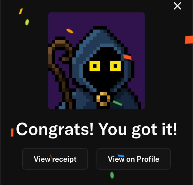 A pixel-art character in a hooded robe with glowing yellow eyes appears on a purple background, accompanied by celebratory confetti and the text 'Congrats! You got it!' with buttons for 'View receipt' and 'View on Profile'.