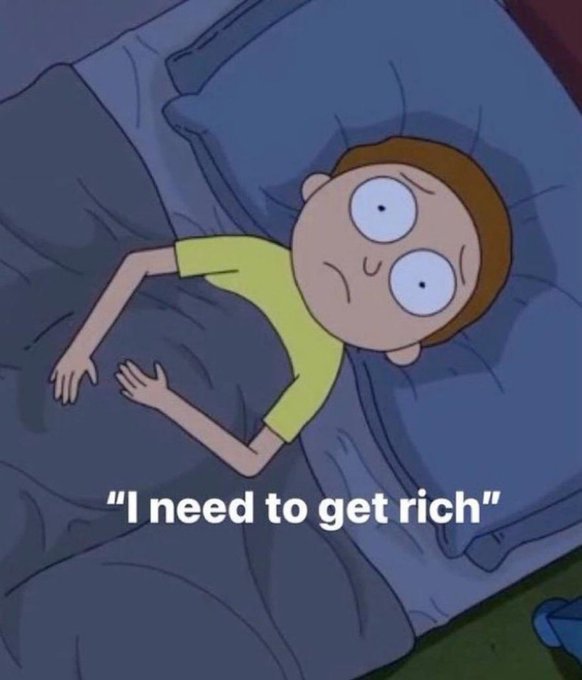 A scene from the animated TV show Rick and Morty showing Morty lying in bed with wide eyes, captioned 'I need to get rich'.
