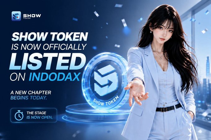 A promotional graphic announcing 'SHOW TOKEN IS NOW OFFICIALLY LISTED ON INDODAX' featuring an anime-style woman in a blue suit next to a glowing 3D token.