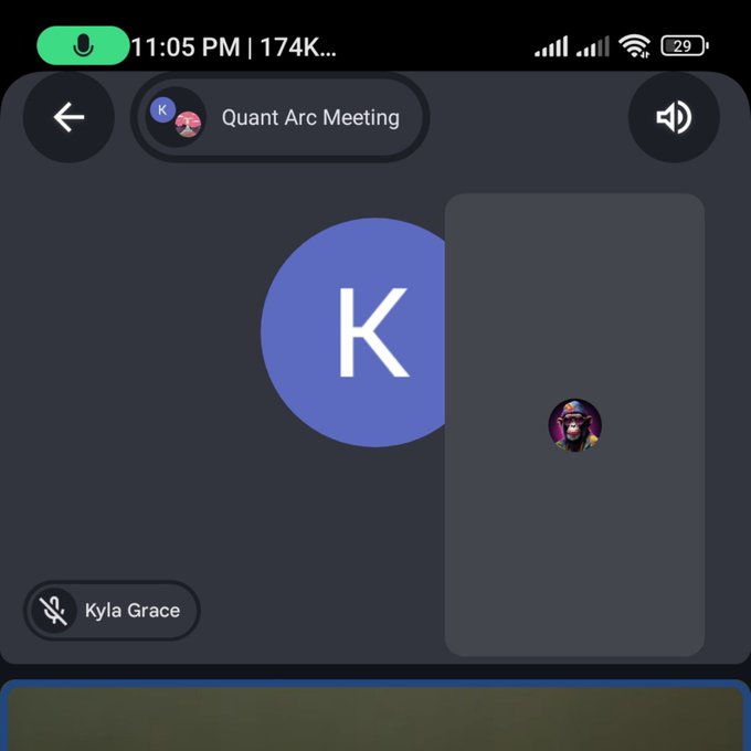 A screenshot of a late-night Discord or voice call interface shows the "Quant Arc Meeting" channel active at 11:05 PM with 174K members, featuring two participant avatars—one with a "K" icon and another profile picture—along with a muted user named "Kyla Grace," visually capturing the team call referenced in the post where the user announced their new role as KOL/Influencers Business Manager at @quantarcai.