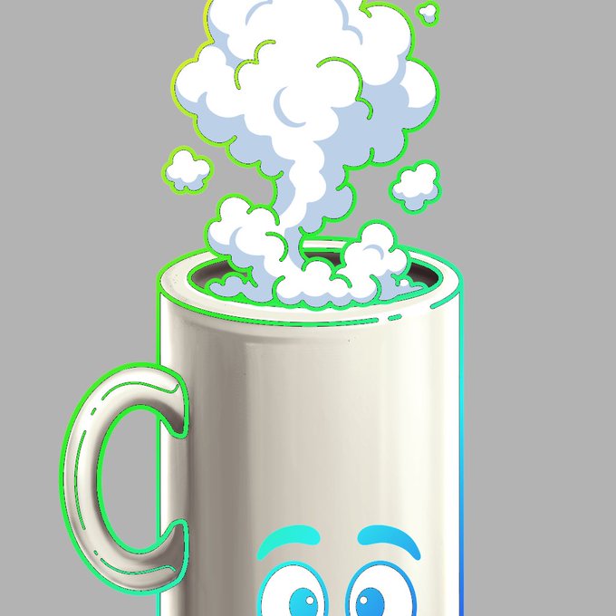A cartoon illustration of a steaming coffee mug with a face featuring large blue eyes and green eyebrows on a gray background.