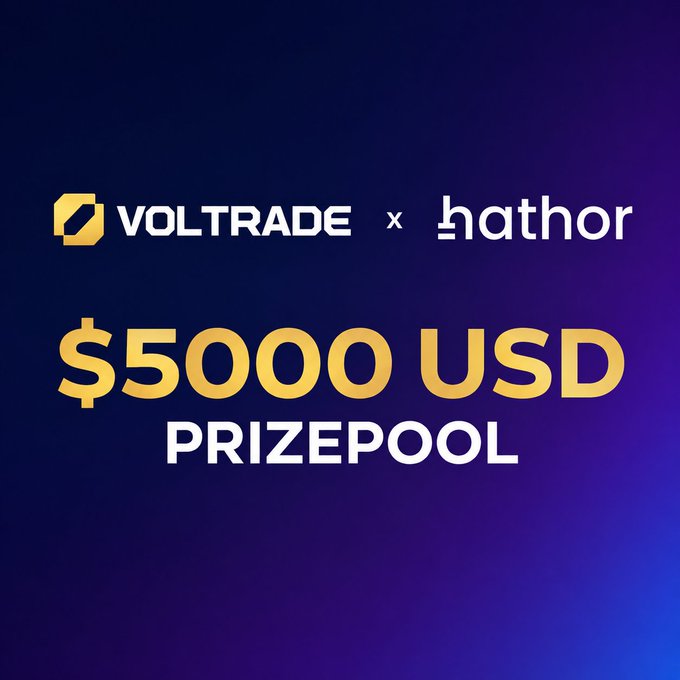 A promotional graphic on a purple background announcing a partnership between 'VOLTRADE' and 'hathor', highlighting a '$5000 USD PRIZEPOOL'.