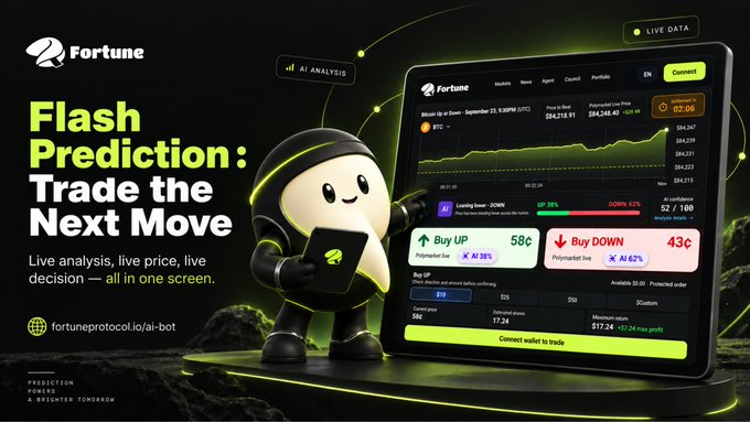 A promotional banner for 'Fortune' features a mascot character holding a tablet, advertising 'Flash Prediction: Trade the Next Move' with live trading analysis showing BTC price at $84,241.91, available at fortuneprotocol.io/ai-bot.