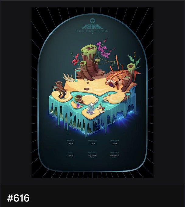 A digital illustration of a floating island from the video game GRIS, displayed on a mobile interface with resource categories (Biomass, Water, Resource, Whisper) all showing 'none', labeled '#616'.