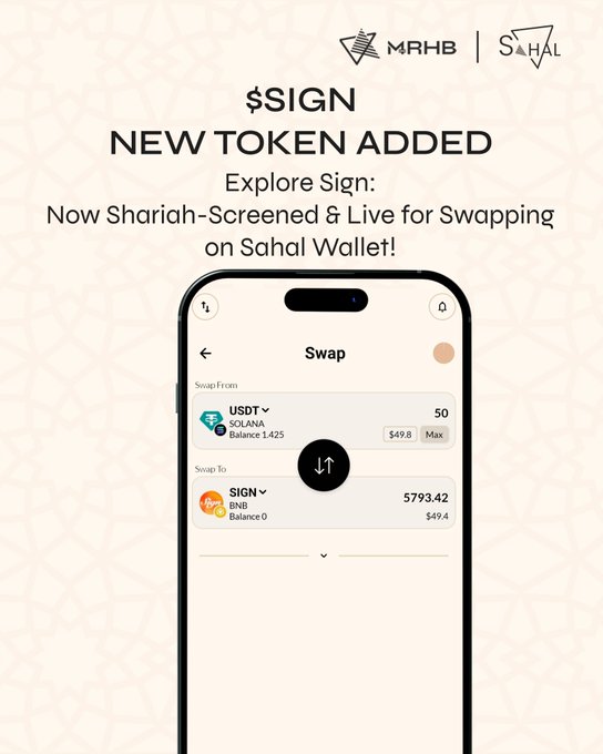A promotional graphic announcing a new token called $SIGN added to the Sahal Wallet by MRHB, showing a phone screen with a swap interface converting USDT (Solana) to SIGN (BNB).