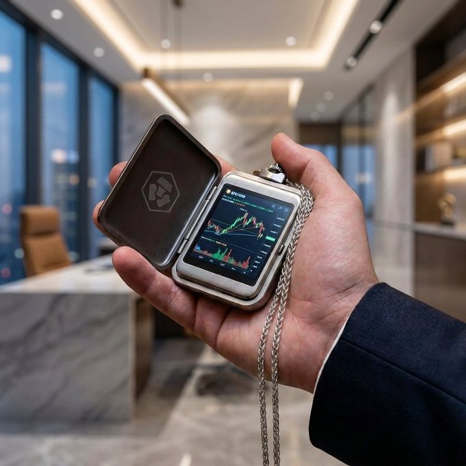 This image shows a person holding a crypto hardware wallet disguised as a pocket watch, displaying a trading chart. The visual of a device tracking market movements directly relates to the post's question about timing trades.