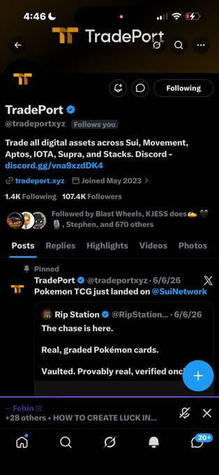 The image shows a screenshot of a Twitter account for the trading platform, TradePort. There are several tweets posted on this account that have been tagged with relevant hashtags like #TradingPorts, #NFTs, and #Sui. One of the tweets is from an individual named "Justin" who has recently gained traction in the NFT space by posting a post about receiving a follow back. The account's Twitter bot was also mentioned, indicating that it is actively monitoring and interacting with users on Twitter.