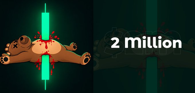 An animated illustration of a brown teddy bear being impaled by a glowing green stake, paired with text reading '2 million', commemorating a milestone for Happy Tree Friends.