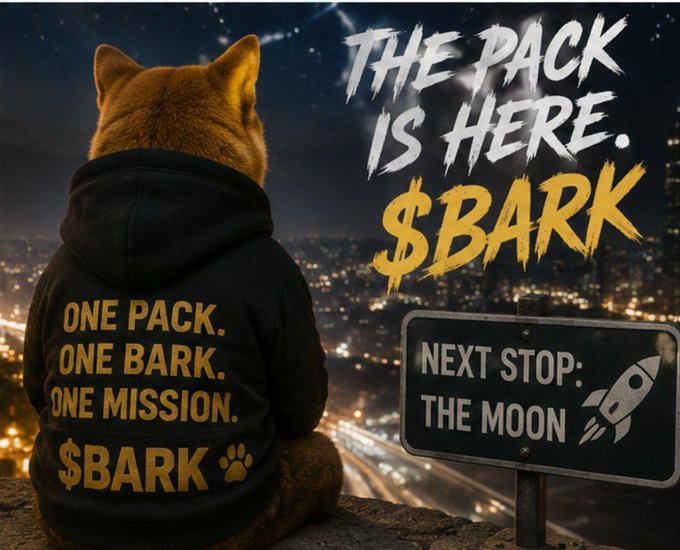 A promotional image for '$BARK' meme coin featuring a Shiba Inu dog in a black hoodie reading 'ONE PACK. ONE BARK. ONE MISSION. $BARK 🐾' looking at a city skyline, with text 'THE PACK IS HERE. $BARK' and a sign reading 'NEXT STOP: THE MOON 🚀'.