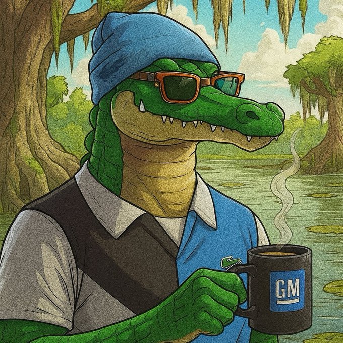 An illustrated alligator wearing a blue beanie, sunglasses, and a sweater vest, holding a steaming mug labeled 'GM' in a swamp setting.