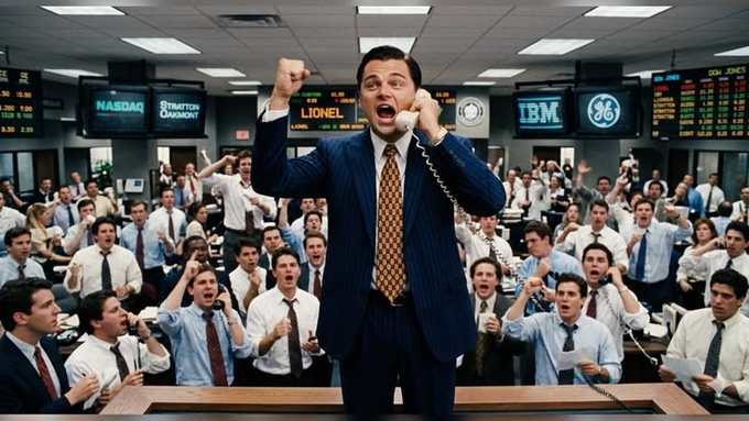 A chaotic stock trading floor with a pumped-up man in a pinstripe suit screaming into a phone and pumping his fist, while crowds of frenzied traders shout and gesture around him beneath screens displaying tickers like NASDAQ, DOW JONES, IBM, and LIONEL—visually capturing the exuberant comeback rally in altcoins like $ZRO, $ICP, $FIL, $NEAR, and $ZEC.