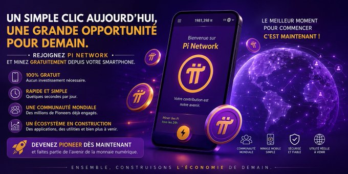 A French-language advertisement for Pi Network features a smartphone displaying 'Bienvenue sur Pi Network' alongside text promoting it as free, simple, and the best time to start mining cryptocurrency.