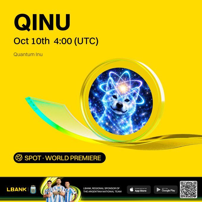 A promotional graphic for 'QINU' (Quantum Inu) crypto token world premiere on Oct 10th 4:00 (UTC), sponsored by LBank regional sponsor of the Argentina national team.
