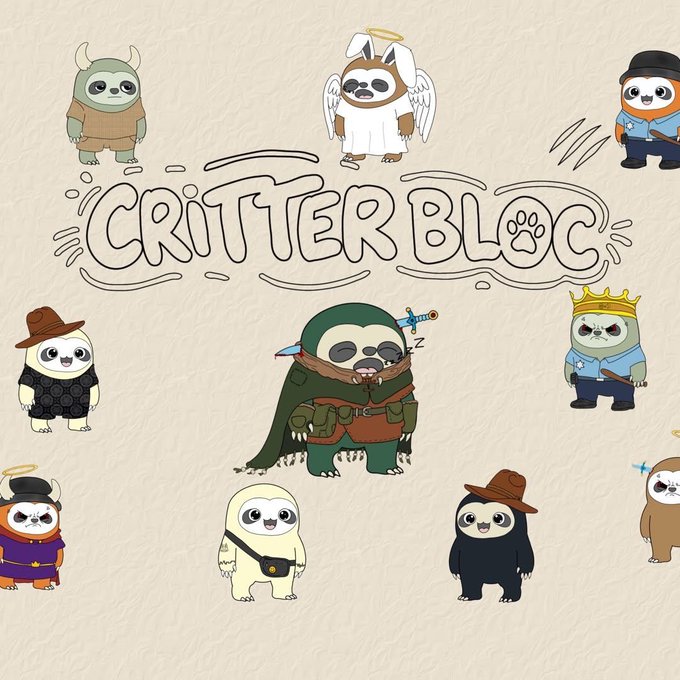 A promotional illustration for "CRITTER BLOC" NFT giveaway features cute cartoon sloths dressed in various pop-culture costumes, including an angel, a cowboy, a king, an assassin with a knife, and a medieval swordsman, all surrounding the hand-drawn "CRITTER BLOC" title with a paw print logo on a beige background.