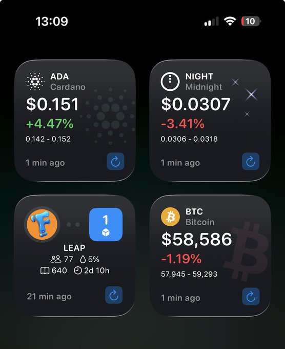iOS widget screen showing crypto prices: ADA/Cardano at $0.151 (+4.47%), NIGHT/Midnight at $0.0307 (-3.41%), LEAP stats, and BTC/Bitcoin at $58,586 (-1.19%).